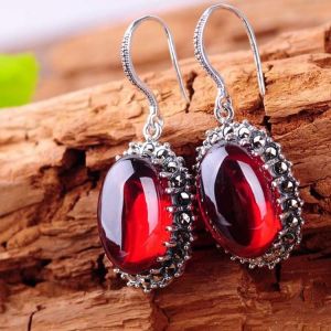 Vintage Sterling Silver Oval Red Cubic Zirconia Dangle Earrings (E12034)