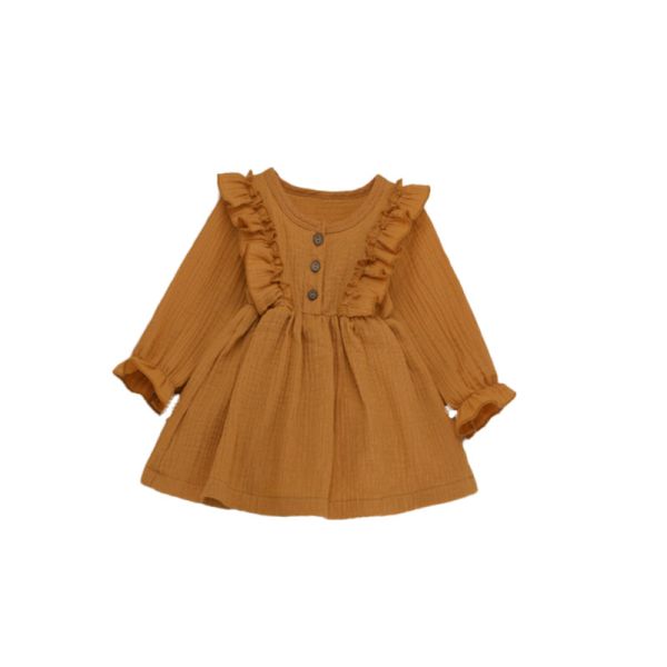 Toddler Baby Girls Muslin Cotton Fabric Long Sleeve Ruffle Trim Dresses Above Knee Dresses