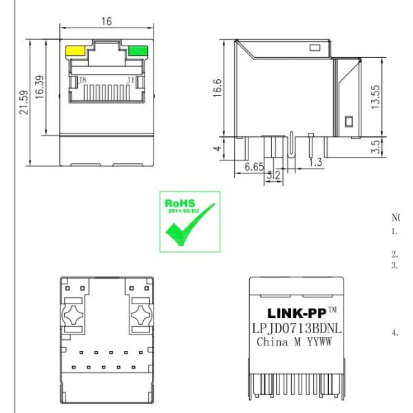 HFJV1-1G01-L12RL 1000 Base-T RJ45 Vertical Connector Yellow/Green Leds LPJD0713BDNL