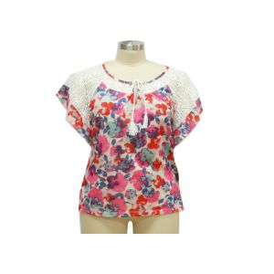 China Short Raglan Sleeve Ladies Casual T Shirt Lace Batwing &Shoulder Fresh Flora Print on sale