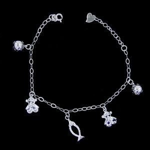 Silver Bracelet Cube And Zircon Cross Chain Double Rhodium Plated / Sterling