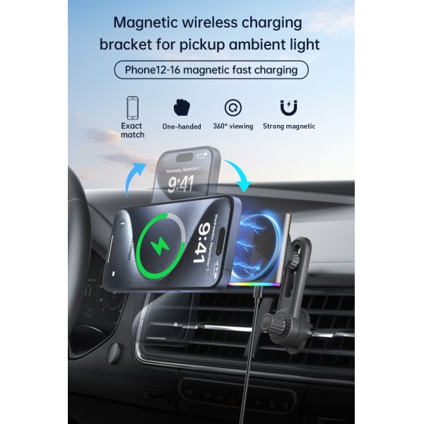 Qi2 Wireless Charger For Automotive Ultra-Thin Design Metal Material 9-Color RGB Light Effect One-Hand Operation Fast Charging
