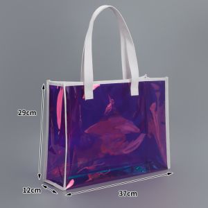 sustainable recyclable Holographic Clear Tote Bag With Leather Handle Iridescent