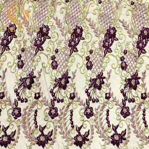 OEM African Styles Purple Applique Lace Fabric With Beads