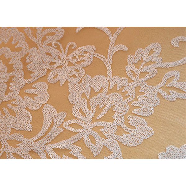 Embroidered Floral Sequin Netting Fabric , Sequin Tulle Fabric For Ivory Wedding Dresses