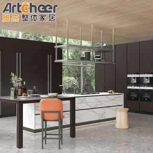 China Modern Stylish Stainless Steel Kitchen Cabinet in White MDF with Backsplash and Island on sale