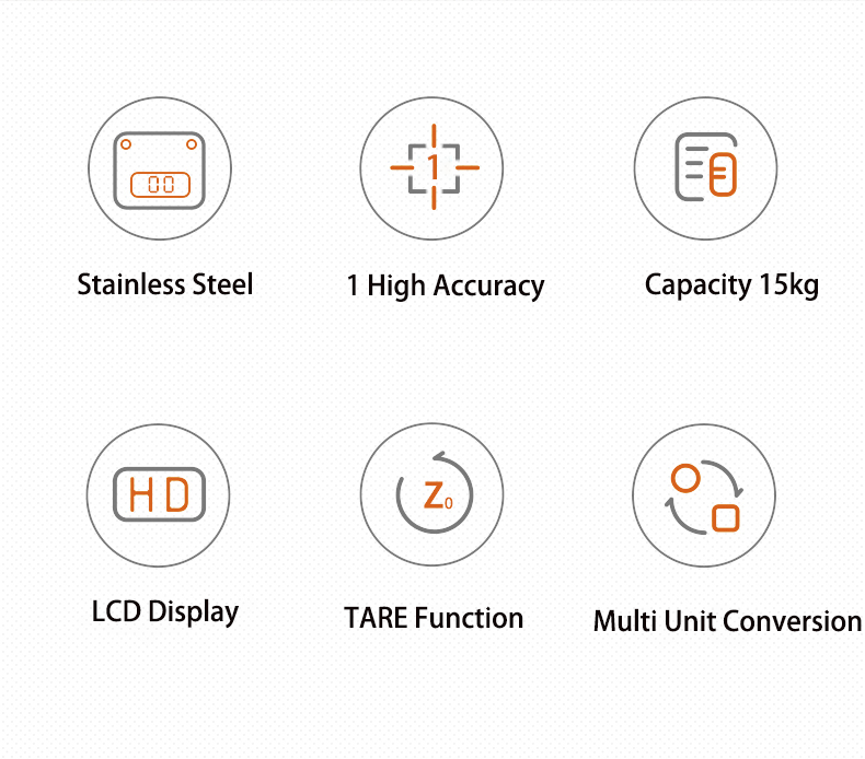 Digital Display Precise Rectangle Stainless Steel Kitchen Scale for Electronic Food Measurement Range 5kg 15kg Battery