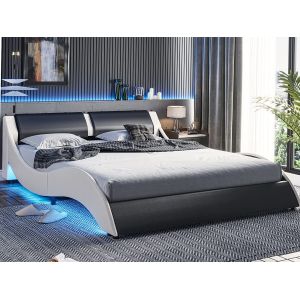 Upholstered Bed with PU Leather Headboard, PU Platform Bedframe with LED Lights