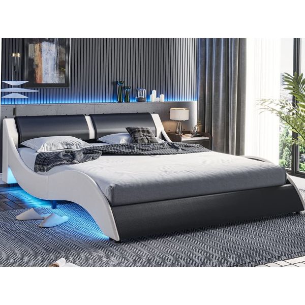 Quality Upholstered Bed with PU Leather Headboard, PU Platform Bedframe with LED Lights wholesale
