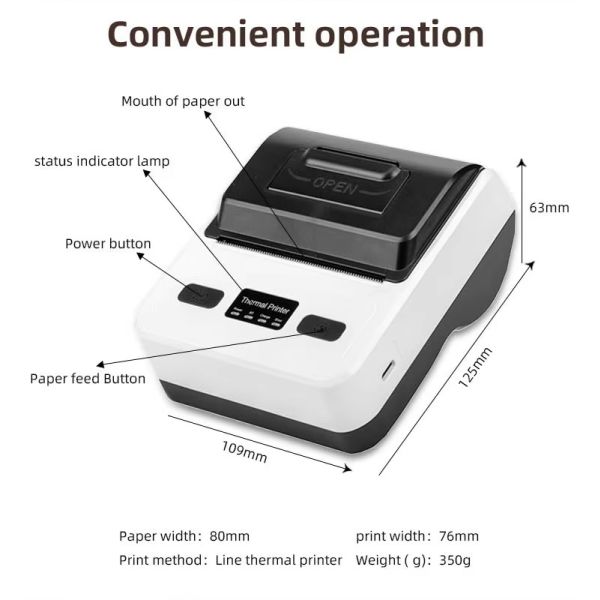 80mm High-Speed Mini Bluetooth Printer Wireless Thermal Receipt Printer for Small Businesses, Android-Supported & Space-Saving Portable Design