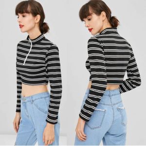 China Trendy Women Clothing Stripe Long Sleeve O Ring Zip Crop Tee Top on sale