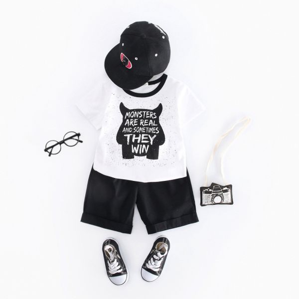Quality 8 Year Boy Summer Black And White Shirt 100cm Short Sleeved Little Monster wholesale