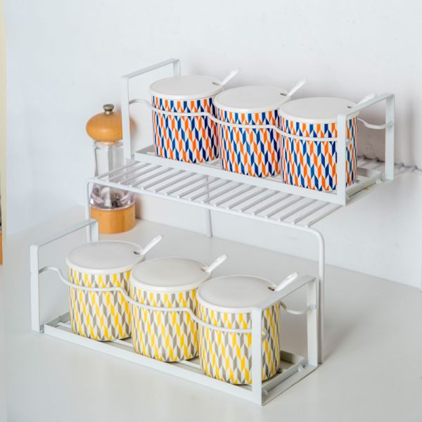 Convenient Diamond Pattern Ceramic Spice Container With Spoon And Lid Multifunct