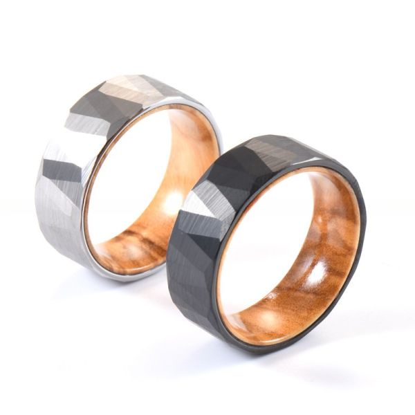 Quality Sample Making Service Provided 8mm Faceted Silver Black Wedding Band Olive Wood Sleeve Inlay Tungsten Ring for Men Women wholesale