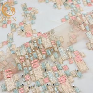 Tulle Beaded Embroidered Lace Fabric 140cm Width Customized With Rhinestones