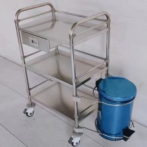3 Level Stainless Steel Lab Cart with Storage Drawer Foot Operated Trash Can