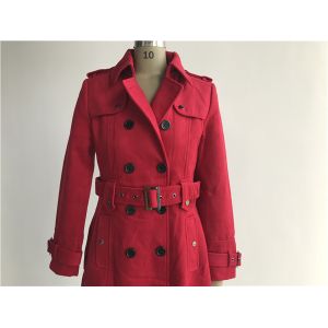 Red Ladies Wool Coat , Melton Trench Coat With Self Fabric Belt / Contrast