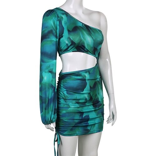 OEM maufactory Tie Dye Oblique Shoulder Polyester Commute Hip Rope Skirt Stitching Long Sleeved