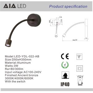 Surface mounted inside gooseneck reading light 3W led reading wall light bedside