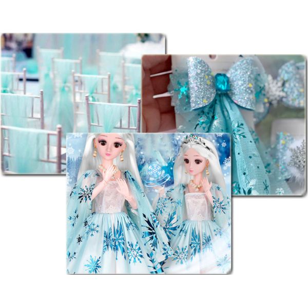 Blue Snowflake Pattern Polyester Organza Tulle Rolls Fabric 15.2cm