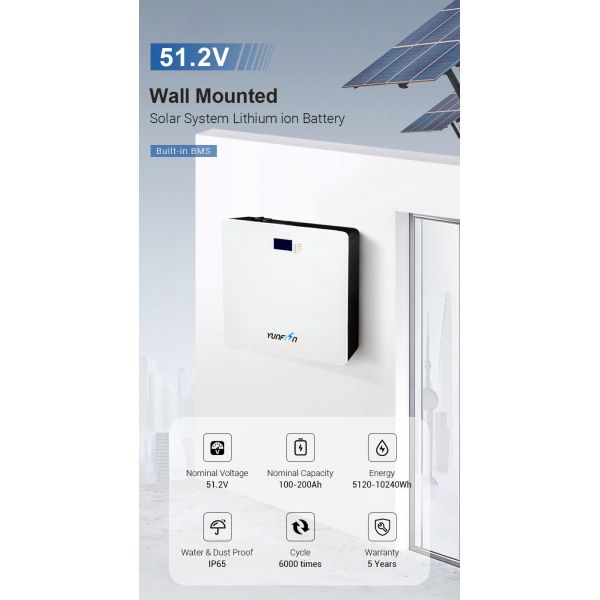 51.2V 100Ah 5KWh Wall Mounted Solar Battery Residential Deep Cycle LiFePo4 Battery