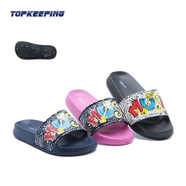 Quality Simple Flat Girl Kid Flip Flop With Print PU Upper wholesale