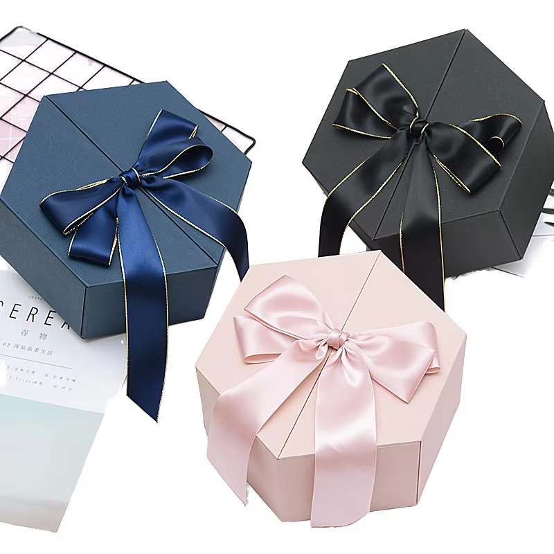 Hexagonal Shaped Art Paper Ribbon Rigid Packaging Box Style Ideal Packaging