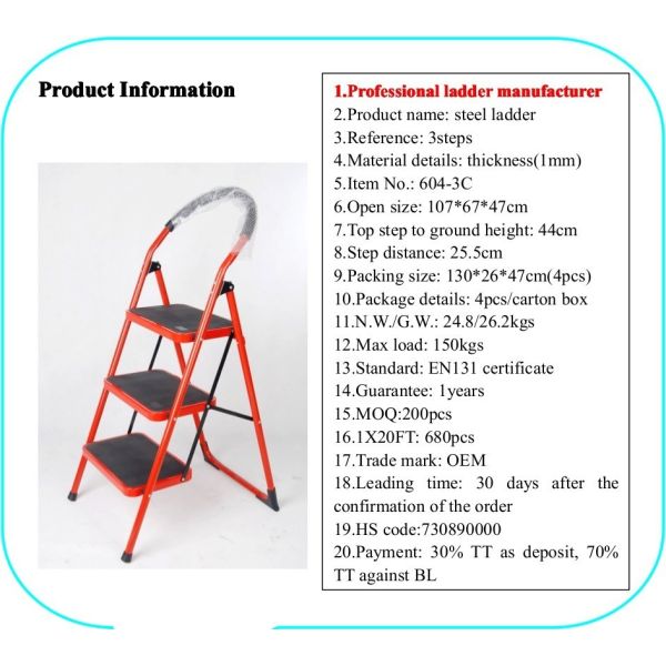 Quality EN131 Red 1.07cm Stainless Steel Folding Step Ladder wholesale