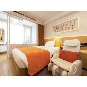 China Tonga hotel interior design of custom furniture laminate wood headboard bed with massage chair and in wall cabinet desk on sale