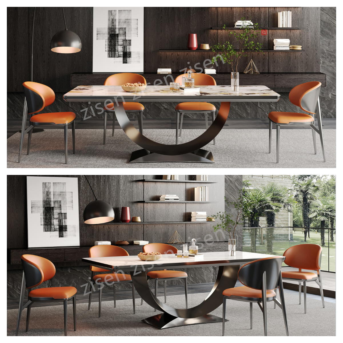 Stylish Frame Insert Ceramic Marble Metal Dining Table