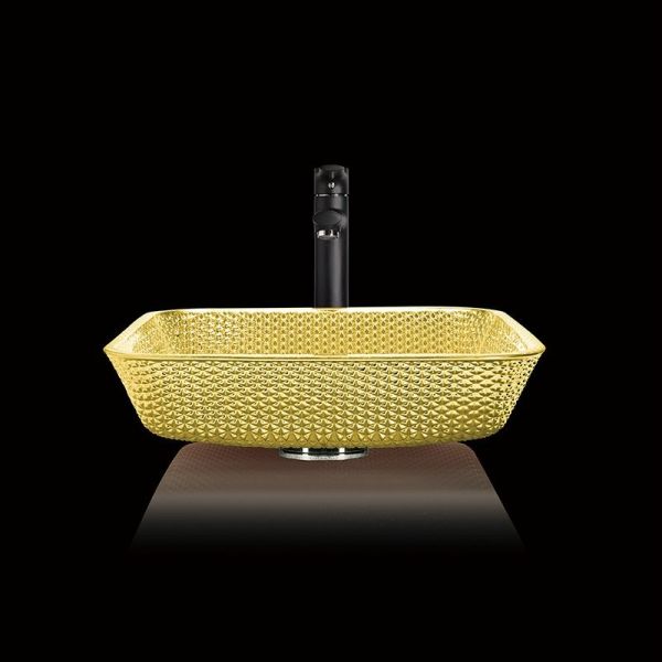 Quality Chromed Countertop Vanity Sinks Square Glass Vessel Crystal Luxury Gold Color wholesale