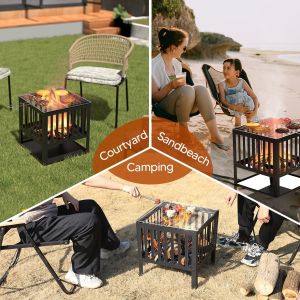 Camping Firepit Stove 15.7'' Square Metal Wood Burning Firepit for Backyard