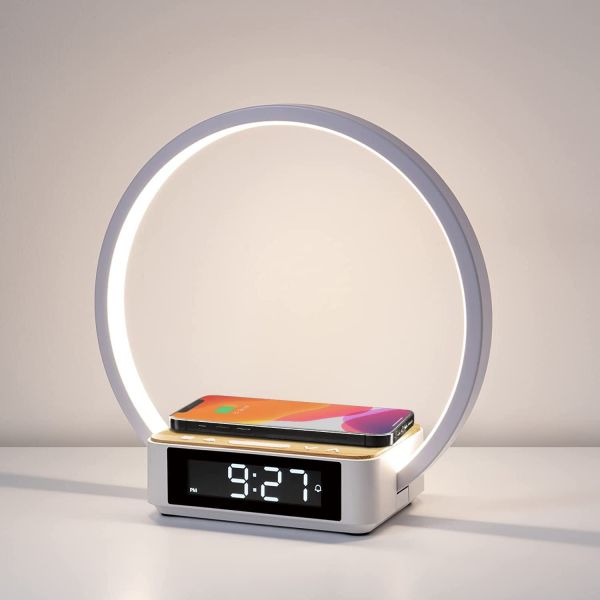 Touch Table Lamp with Wireless Charger, Nightstand Lamp with Clock, Wake-Up