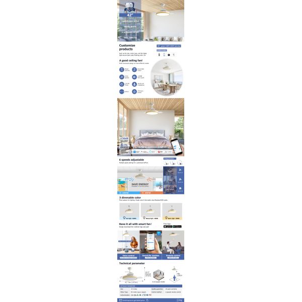 42 Inches Decorative Ceiling Fan with Remote 3000K/4500K/6000K Color Temperature and 2-