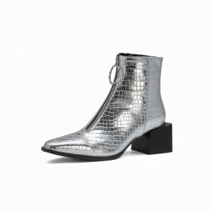 Zip Up Imitation Alligator Ladies Flat Boots Womens Block Heel Ankle Boots