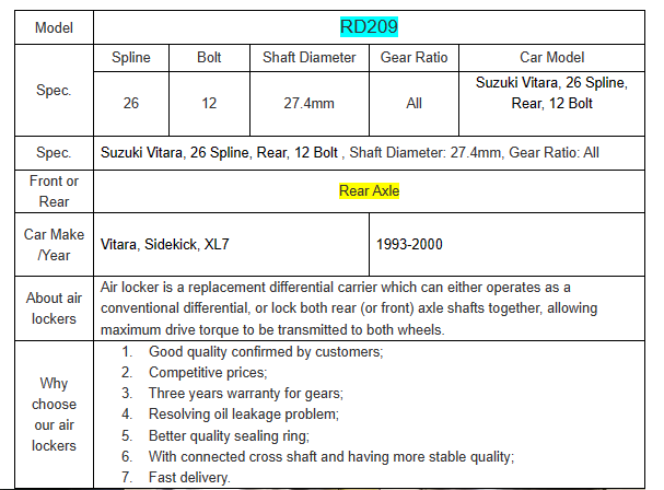 APRD209 12 Bolt 26 Spline Air Differential Locker for Suzuki Vitara/ Sidekick/XL7