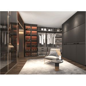 Modern Glass Door Wardrobe Dark Color 2.4m Height U Shape With Table
