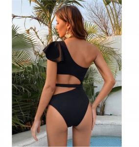 Cheap Black Ladies One-Piece Swimsuit Stitching Gauze High Waist Sexy Bikini Women