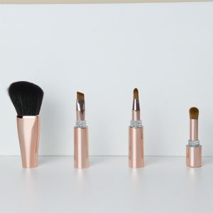 Shiny Rose Gold Portable Travel Makeup Brush Plastic Handle Mini 4 In 1