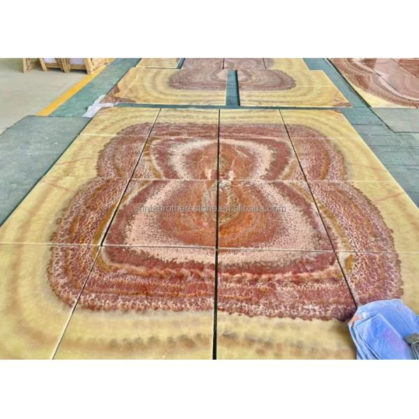 Backlit Red Onyx Marble Stone Book Matched Slab for Transparent Marble Table Pattern