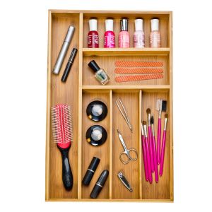 Bamboo Flatware Wood Tray Organizer No Adjustable With 6 Compartment