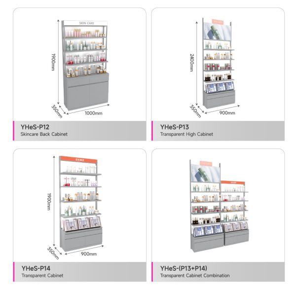 Gray Wooden Display Cabinet Multilayer Store Rack With Light-box For Skincare Store Design