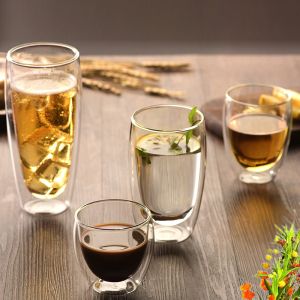 Heat Proof Clear Double Wall Glass Cup Customized Logo / Capacity Round Shape