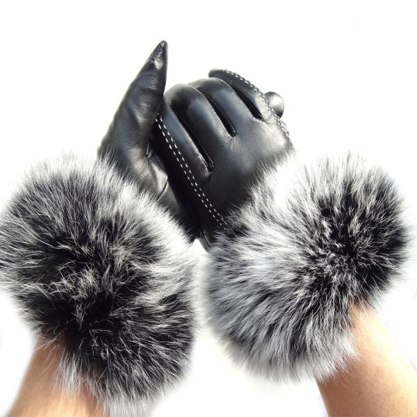 Touch Screen Sheep Womens Soft Leather Gloves With Fluffy Fox Fur Trim Cuff
