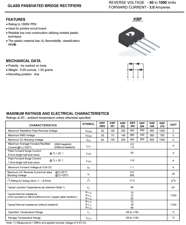 Supply Competitive Price Power Bridges KBP310 3A 1000V For LED Drivers