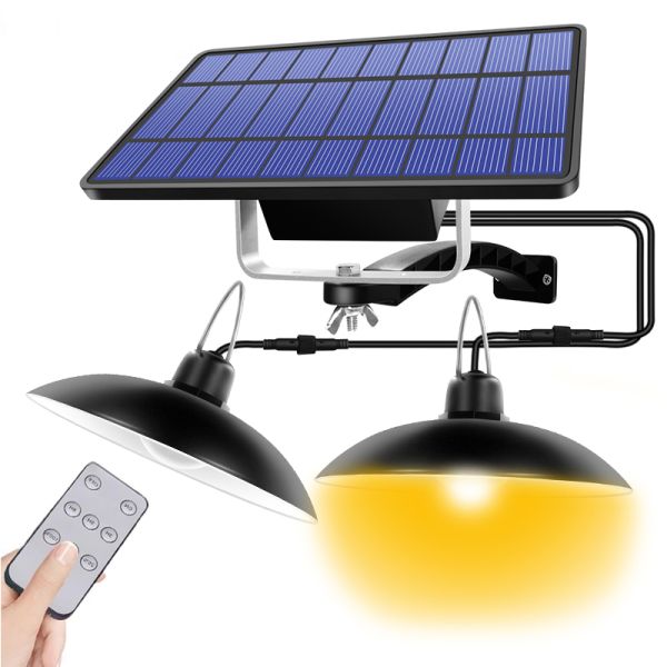 Solar LED Pendant Lights Outdoor IP65 Waterproof Double Head Indoor Solar Wall Lamp Remote Chandelier For Garden Patio Path Yard