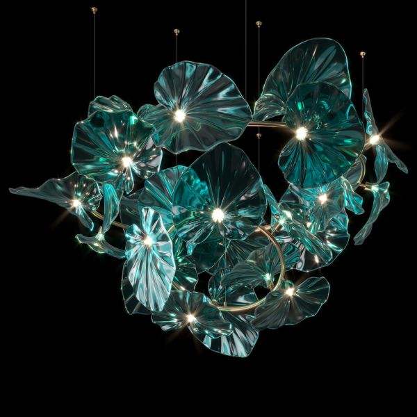 Large Glass Emerald Lotus Leaves Shape Chandelier For Staircase Hotel Lobby
