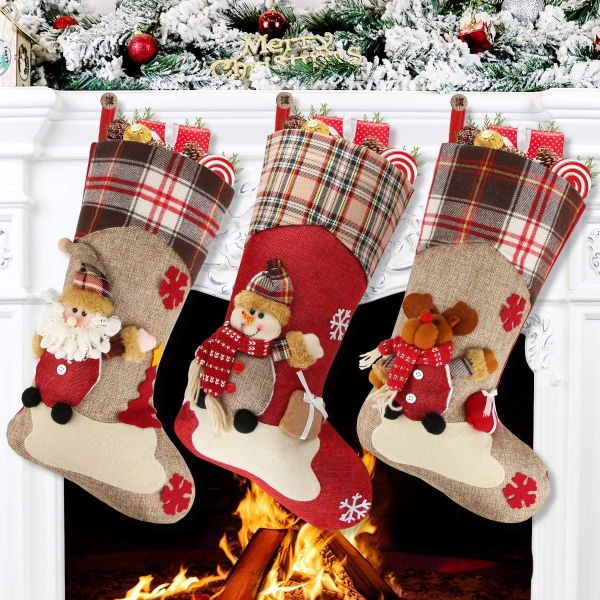 Christmas Stocking, 18" Set of 3 Santa, Snowman, Reindeer, Xmas Character 3D