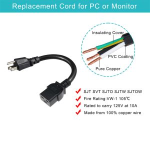 NEMA 5-15P to IEC C19 Power Cord 14AWG for Servers and PDUs