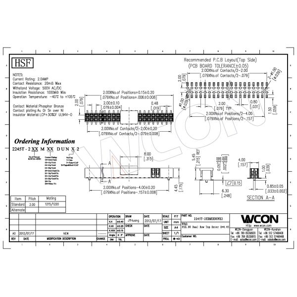 2.0Pitch Female Header Connector 02~40P PA9T/PBT / brass or phosphor